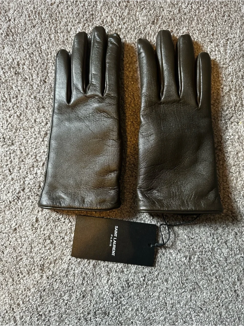 Saint Laurent Brown Leather Logo-Tab Gloves